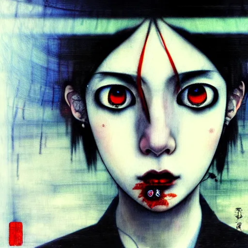 Image similar to yoshitaka amano blurred and dreamy realistic three quarter angle horror portrait of a sinister young woman with short hair, and red eyes wearing a lot of jewellery and office suit with tie, junji ito abstract patterns in the background, satoshi kon anime, noisy film grain effect, highly detailed, renaissance oil painting, weird portrait angle, blurred lost edges