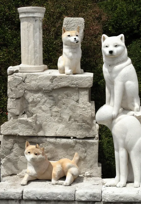 Image similar to ancient greek shrine to a shiba inu god, marble dog statues, ancient ruins