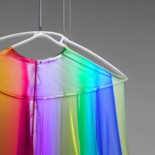 Image similar to an ultra high definition professional studio quality photograph of a transparent iridescent perspex pastel coloured raincoat tent combo on a white coat hook in an empty white room. dramatic lighting, ray tracing, refraction, shallow d. o. f, colour corrected, golden ratio, three point light. volumetric shadows. light rays.