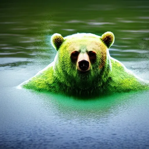 Image similar to zombie bear swimming in a toxic green pool of liquid, photo image by national geographic + realistic horror