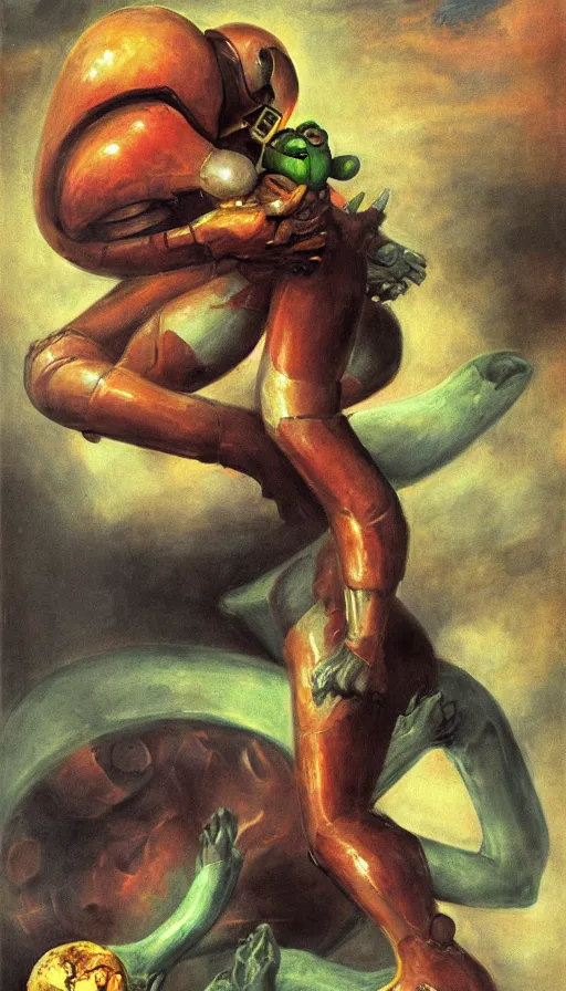 Prompt: portrait of samus devouring her metroid son by francisco goya, 4 k, high quality