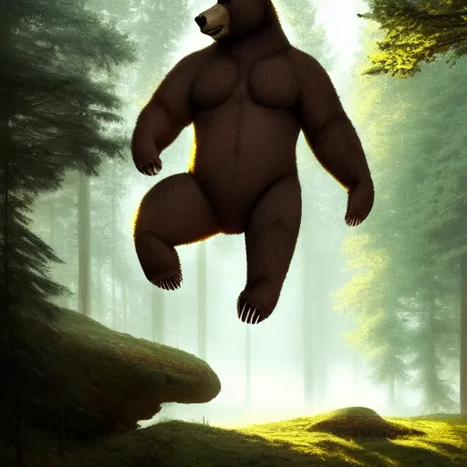 Image similar to a giant humanoid bear singing on a stage in a forest, digital art, detailed face, highly detailed, calm, deviantart, art by greg rutkowski, artstation, natural lighting, dramatic