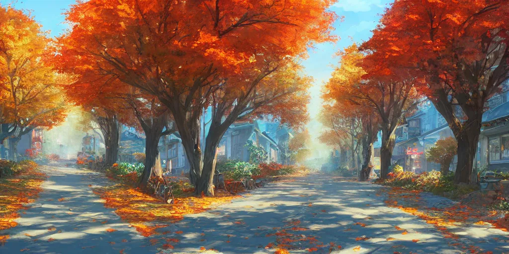 Image similar to autumn street with falling leaves, evening, highly detailed, low angle view, studio ghibli, artstation