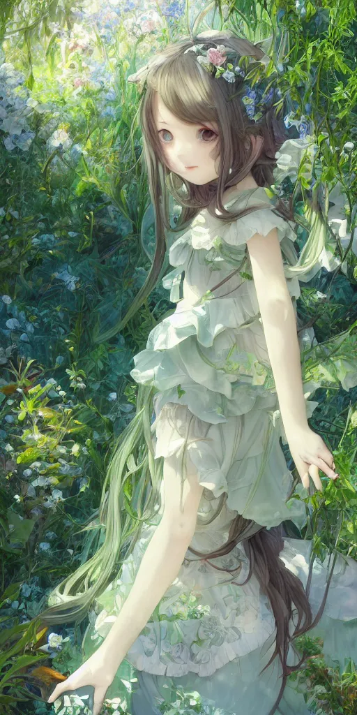 Image similar to a digital art full of atmosphere of a loli with long hair in a dress in the privet garden at after noon, green and warm theme, blue accents, low angle, back lighting, highly detailed, 4 k resolution, trending on art station, by krenz cushart and mucha and akihito yoshida and greg rutkowski and