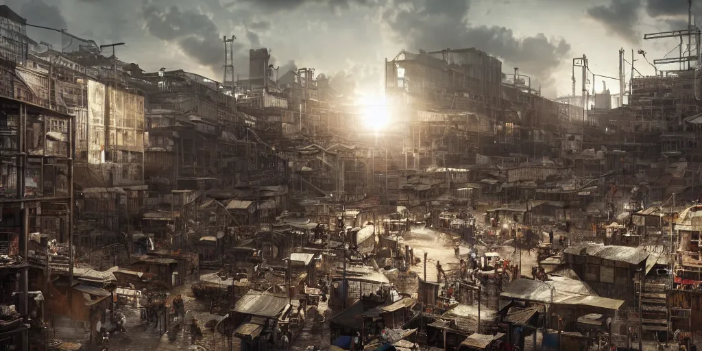 Prompt: An industrial-looking marketplace in the slums, people trading, dry weather, white sun shining brightly in the sky, realistic 4k octane beautifully detailed render, 4k post-processing, highly detailed, intricate complexity, epic composition, magical atmosphere, cinematic lighting, masterpiece, ultra hd