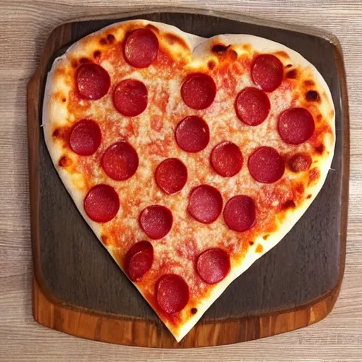 Prompt: heart shaped plain magerhita cheese pizza, 4 - 5 cherry tomata served on a wooden plate, no toppings only cheese ( ( ( no pepperoni ) ) )