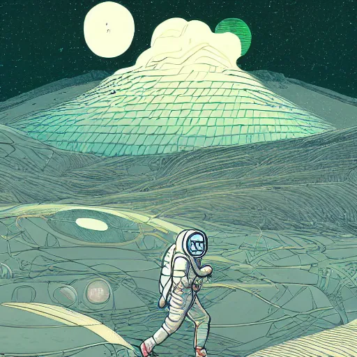 Image similar to !dream Stunningly intricate illustration of a scared astronaut explorer running trough a plain valley of planet Mars trough 3 columns of white neon light of infinite height, highly detailed, midnight, by Victo Ngai and James Gilleard , Moebius, Laurie Greasley