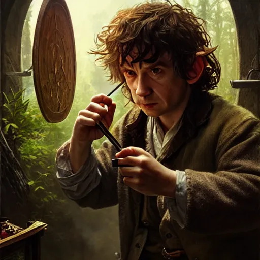 Image similar to A hobbit smoking meth, ultra realistic, concept art, intricate details, eerie, highly detailed, photorealistic, octane render, 8k, unreal engine, art by artgerm and greg rutkowski and alphonse mucha