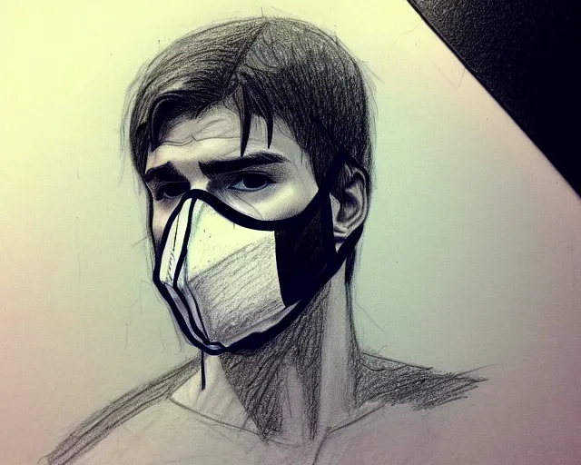 Image similar to draft drawing of a european young man covering face with fabric mask, draft sketch, trending on artstation, context art, pencil sketch, high detail