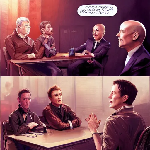 Image similar to comic scene of elon musk, mark zuckerberg, jeff bezos, in meeting together, very detailed, art contest winner on behance, trendy on deviant art, by artgem, stanley lau, craig mullins