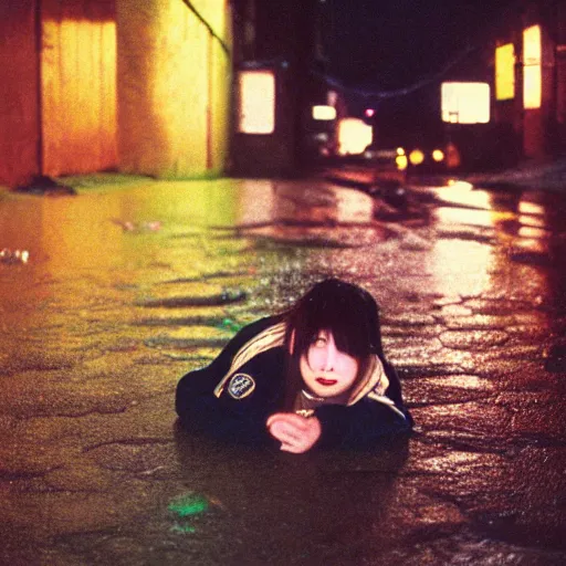 Image similar to 1990s perfect 8K HD professional cinematic photo of close-up japanese schoolgirl sleeping on ground in dystopian alleyway with neon signs, at evening during rain, at instagram, Behance, Adobe Lightroom, with instagram filters, depth of field, taken with polaroid kodak portra