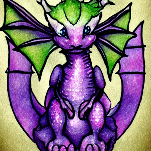Image similar to adorable baby dragon, the dragon is purple and glittery, fantasy concept art, pastels, ethereal fairytale, watercolor kawaii