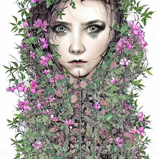 Image similar to a girl being overgrown by vines and flowers, fully clothed, content, in the style of lise deharme.