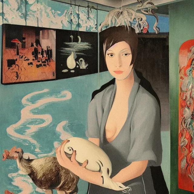 Image similar to tall female emo artist holding a pig in her flooded apartment, mushrooms, octopus, water gushing from ceiling, painting of flood waters inside an artist's apartment, a river flooding indoors, pomegranates, pigs, ikebana, zen, river, rapids, waterfall, black swans, canoe, berries, acrylic on canvas, surrealist, by magritte and monet