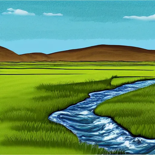 Image similar to digital art painting of a river running through the plains, very mediocre, not detailed at all.