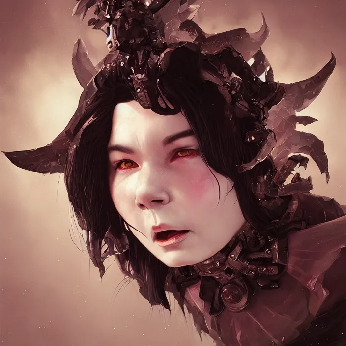 Image similar to demonic bjork, ominous, smiling, phantasmagoric, by tom bagshaw and ilya kuvshinov, rtx rendering, octane render 1 2 8 k, maya, extreme high intricate details by wlop, digital anime art by ross tran, medium shot, composition by sana takeda, dramatic lighting by greg rutkowski