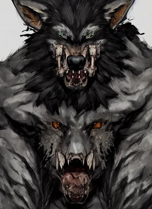 Image similar to Half body portrait of a scary gnoll wolf man with human and animal skulls as attire. In style of Yoji Shinkawa and Hyung-tae Kim, trending on ArtStation, dark fantasy, great composition, concept art, highly detailed.