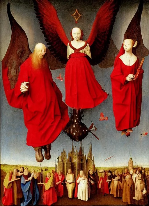 Prompt: flying fallen angels dressed in red with wings by Jan van Eyck, Hieronymus Bosch, Johannes Vermeer 4k post-processing, highly detailed medieval painting