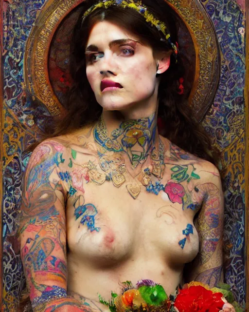 Image similar to a beautiful girl in a wedding dress with colourful tattoos surrounded by colourful flowers orientalist intricate portrait by john william waterhouse and edwin longsden long and theodore ralli and nasreddine dinet, oil on canvas. cinematic, hyper realism, dramatic lighting, high detail 8 k