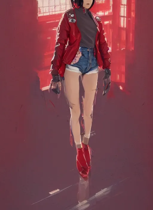 Image similar to full body long shot of Japanese female wearing red futuristic 1980s jacket and torn jean shorts, highly detailed, digital painting, artstation, concept art, sharp focus, illustration, art by greg rutkowski and alphonse mucha