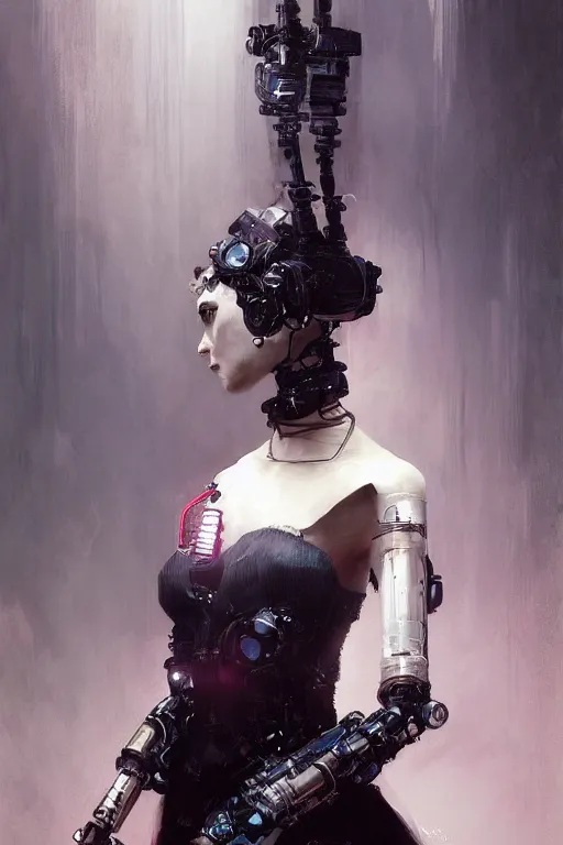 Image similar to sitting beautiful painting of a crowned robotic cyberpunk ballerina in a gothic dark flowing tutu intricate, elegant, highly detailed, digital painting, artstation, concept art, by krenz cushart and artem demura and william adolph bouguereau