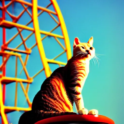 Image similar to !!! cat!!!, ( ferris wheel ), feline, sitting, riding, award winning photo, nikon, realistic,