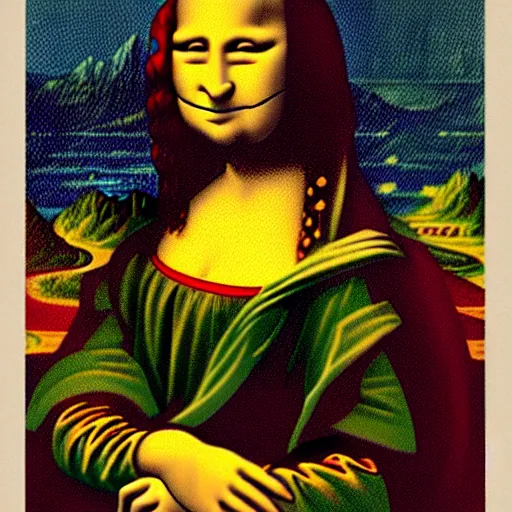 Image similar to a cryon drawing made by a child depicting simplified mona lisa,