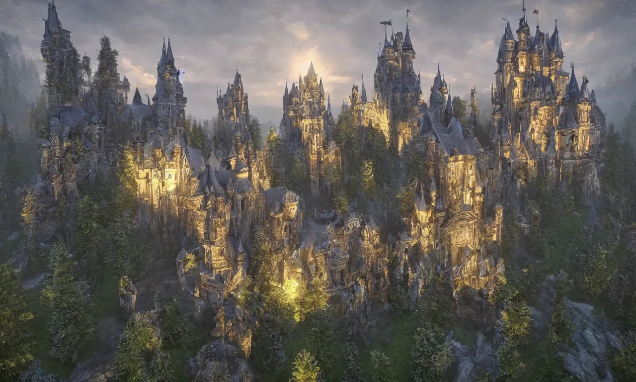 Image similar to a big castle, highly detailed, crystal lighting, mystical, forest, hyperrealistic, 4 k, unreal engine, dramatic lighting, magical, beautiful,