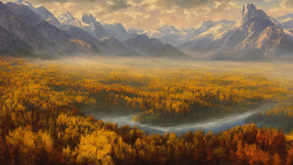 Image similar to The most beautiful panoramic landscape, oil painting, where the mountains are towering over the valley below their peaks shrouded in mist. The sun is just peeking over the horizon and the sky is ablaze with colors. The river is winding its way through the valley and the trees are starting to turn yellow and red, by Greg Rutkowski, aerial view