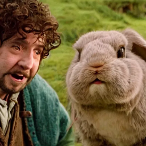 Image similar to Bartook a twenty-something hobbit with short curly dark brown hair who is slightly overweight standing next to a giant rabbit, high resolution film still, movie by Peter Jackson