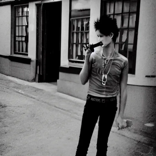 Prompt: androgynous punk smoking cigarette outside bar, photo iphone