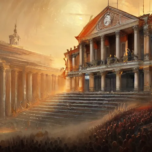 Prompt: the opera house at lviv in hell, inferno, panorama, highly detailed, full body, digital painting, trending on artstation, concept art, sharp focus, illustration, art by artgerm and greg rutkowski and magali villeneuve