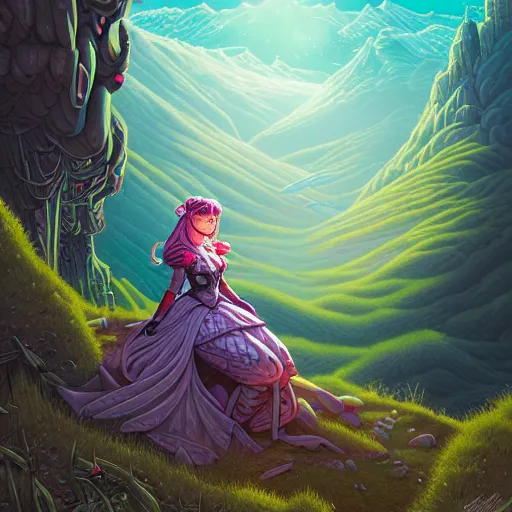 Image similar to ethereal cybernetic princess in the mountains, extremely detailed, sharp focus, wide view, full body shot, smooth, digital illustration, by lisa perrin!!!!, dan mumford, james jean, by rossdraws, frank franzzeta, sakimichan