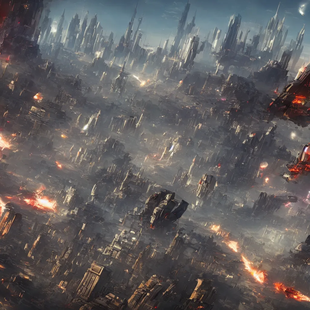 Image similar to [six giant futuristic scifi-bombers] in the center, [a baroque cyberpunk city skyline in the background], [explosions and fire]