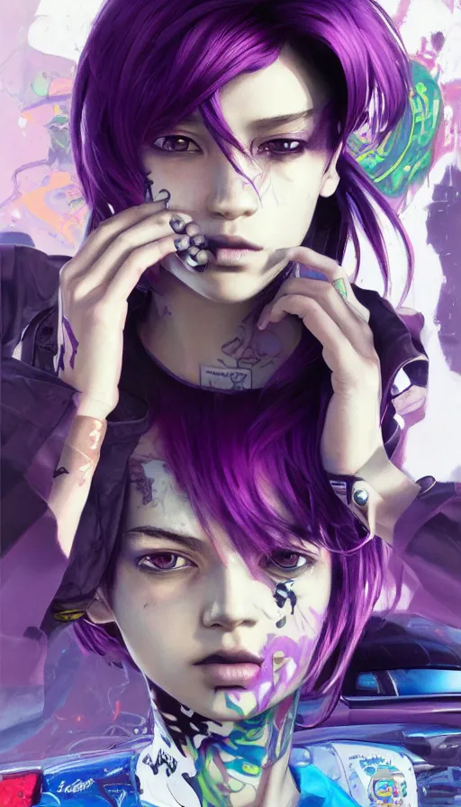 Prompt: A ultradetailed beautiful portrait panting of a graffiti writer from the future with purple hair and streetwear style on a futuristic car, bright sunny day, Oil painting, by Ilya Kuvshinov, Greg Rutkowski and Makoto Shinkai