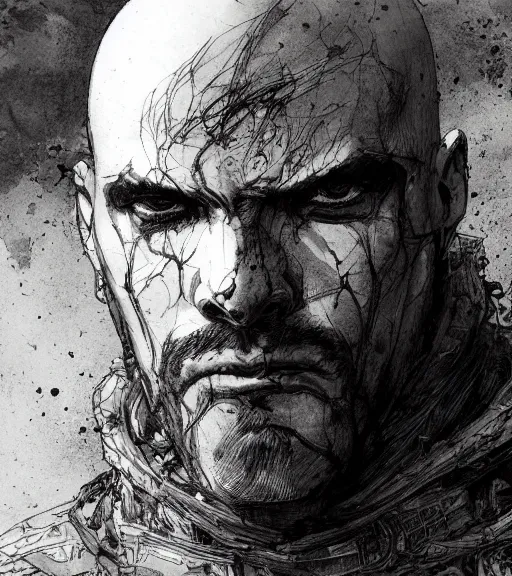 Image similar to portrait of menacing bald man with burn scars in scale armor, pen and ink, intricate line drawings, by craig mullins, ruan jia, kentaro miura, greg rutkowski, loundraw