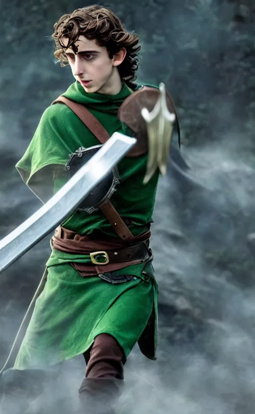 Prompt: epic cinemati shot of Timothee Chalamet starring as Link from Legend of Zelda, 8k movie scene, elf ears, long blonde blonde hair, green clothes, blue eyes, ++++++ super super super dynamic action posing, super serious facial expression, holding a sword & shield, ocarina of time movie, concept photos, dynamic lighting, dynamic shaders, night time, in the forest, fairy light above him