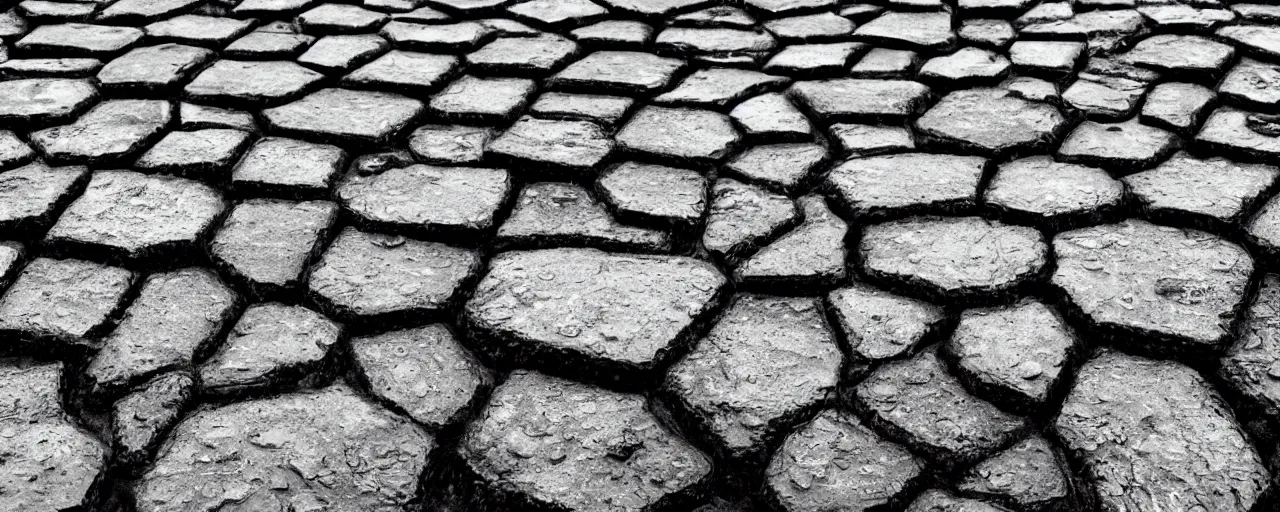 Prompt: rocky hexagon formations, rainy, wet, puddles, overcast, landscape