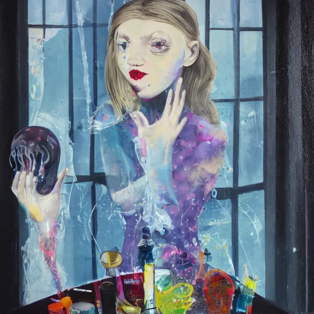 Image similar to a portrait in a dark apartment, moonlight from a window, a female art student holding a jellyfish, milk puddles, berries, broken bottles, metaphysical, neo - expressionism, surrealism, acrylic and spray paint and oilstick on canvas