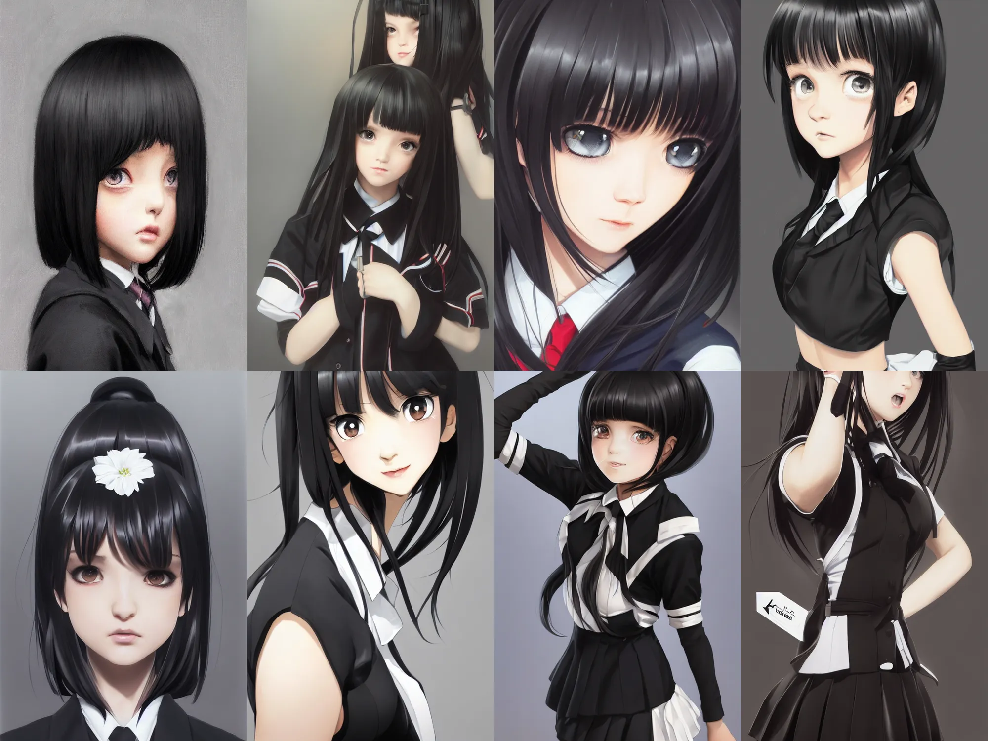 Prompt: A hyperrealistic schoolgirl, in black uniform, black silky hair, very detailed black stunning deep eyes. By ilya kuvshinov, krenz cushart, Greg Rutkowski, trending on artstation. Realistic materials, large highlights, amazing textured brush strokes, soft and curvy shape, clear curvy details, cinematic soft volumetric studio lighting, with backlight, VFX, HDR