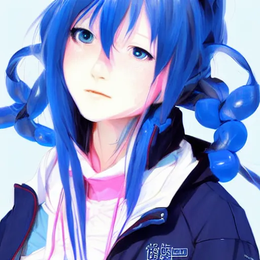 Image similar to ene from mekakucity actors, wearing blue jacket, blue pigtails, cool color palette, digital art by aramaki shinji, by artgerm, by cushart krenz, by wlop, colorful, insanely detailed and intricate, hypermaximalist, elegant, ornate, hyper realistic, super detailed