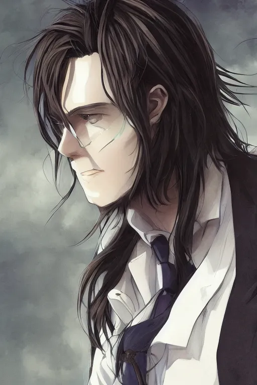 Prompt: portrait of an anime guy with long stylish hair wearing detective clothes while thinking deeply, wlop, trending on artstation, deviantart, anime key visual, official media, professional art, 8 k uhd