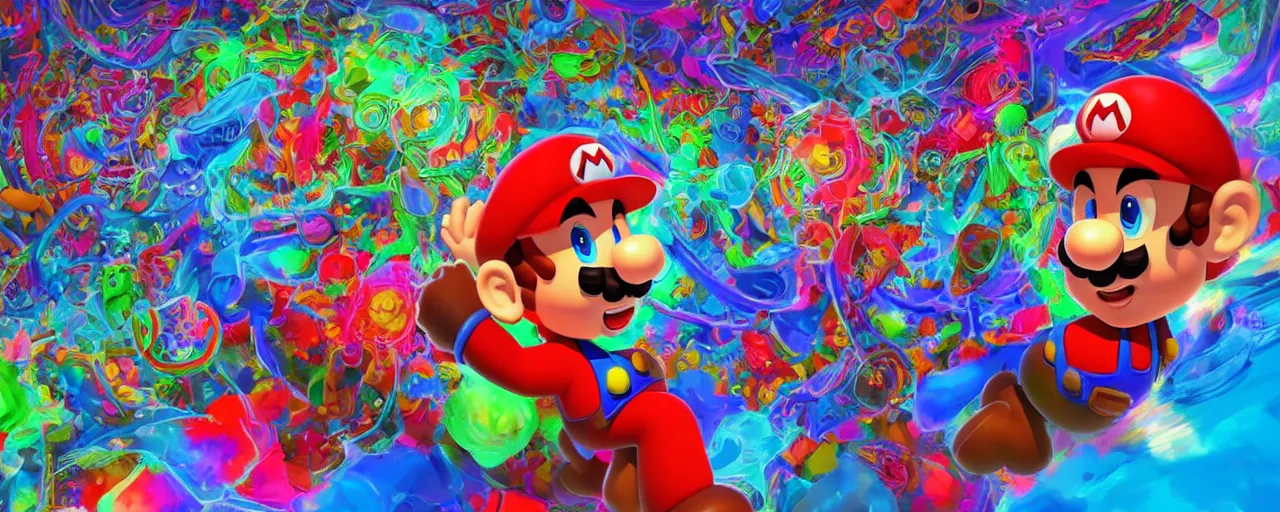 Image similar to glichy red blue green illustration super mario as real human having psychedelic trip on mushrooms shamanic atmosphere machground with chemical molecules structures. hypnotic fractals spirals. by sachin teng and sergey kolesov and ruan jia and heng z. graffiti art, scifi, fantasy, hyper detailed. octane render. concept art. trending on artstation