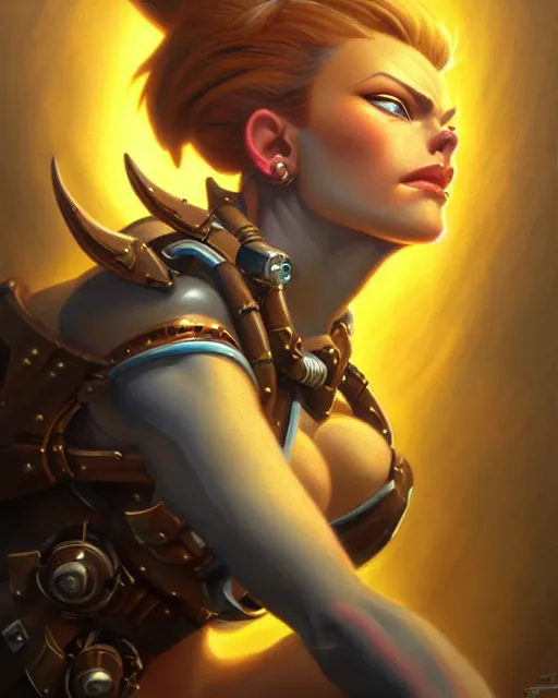 Image similar to brigitte from overwatch, fantasy, fantasy art, character portrait, portrait, close up, highly detailed, intricate detail, amazing detail, sharp focus, vintage fantasy art, vintage sci - fi art, radiant light, caustics, by boris vallejo