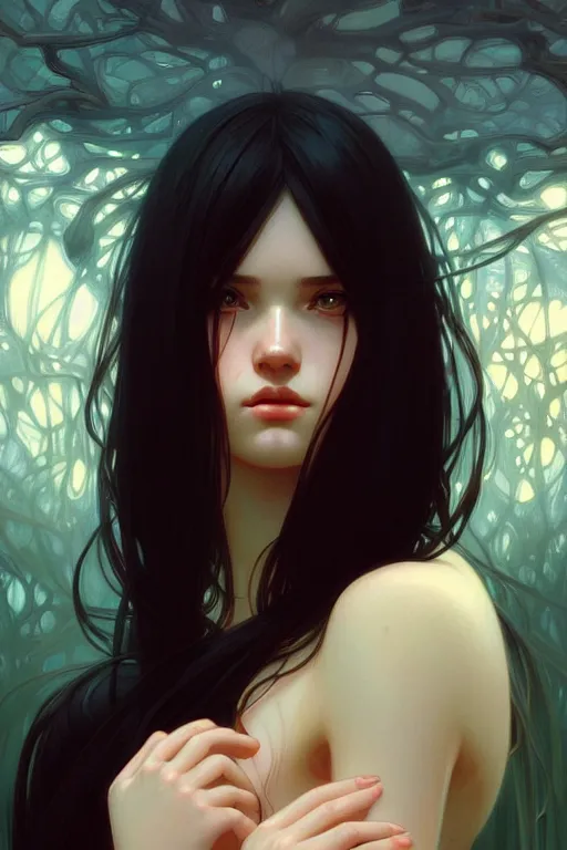 Image similar to a beautiful girl with long black hair, fantasy, portrait, sharp focus, intricate, elegant, digital painting, artstation, matte, highly detailed, concept art, illustration, ambient lighting, art by ilya kuvshinov, artgerm, Alphonse mucha, and Greg Rutkowski