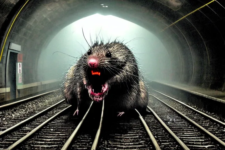 Image similar to very large giant mutant zombie irradiated ( angry rat ) staying on railways in tonnel of moscow subway. tonnel, railways, giant angry rat, furr, fangs, claws, very realistic. fog, extreme long shot, herman nitsch, giger, anish kapoor.