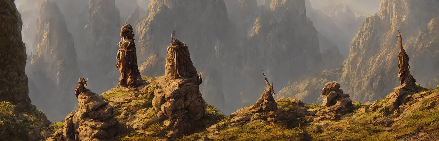 Prompt: Two guardian statues stand at the foot of a mountain canyon, by Greg Rutkowski, Realism, Photorealism, Global Illumination, Volumetric Lighting, Path Tracing, PBR