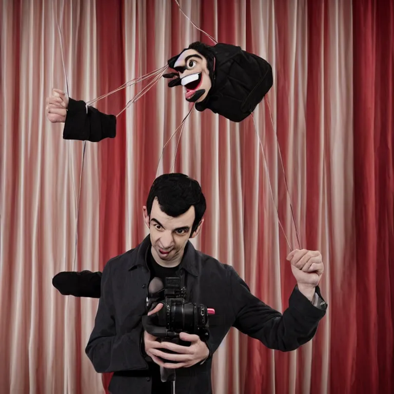 Image similar to dslr photograph of nathan fielder from nathan for you on comedy central behind a puppet stage with a red curtain as multiple marionette puppets controlled by hands holding the strings, high detail!!! 8 k photorealism sharp focus volumetric lighting, coherent!!! art directed