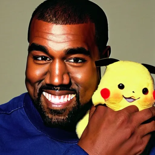 Image similar to kanye west smiling holding pikachu for a 1 9 9 0 s sitcom tv show, studio photograph, portrait c 1 2. 0