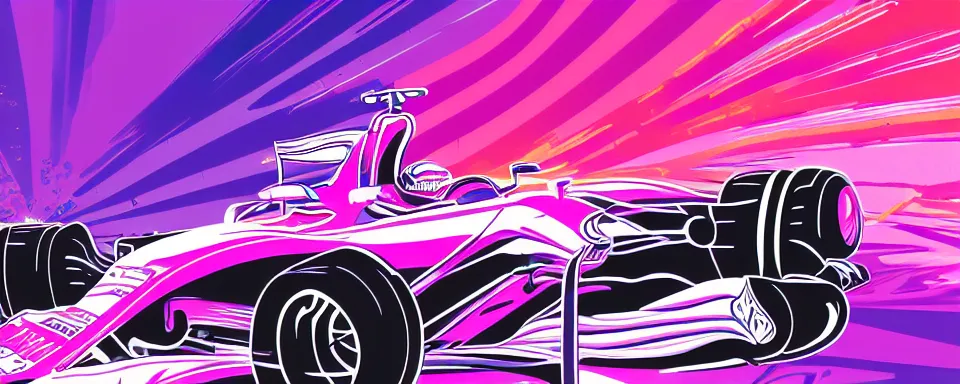 Prompt: abstract illustration of a formula one car, purple and pink, synthwave